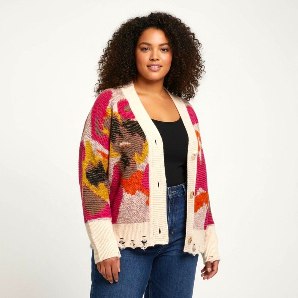 Melrose with Love Abstract V-Neck Knit Cardigan, New! Size Large